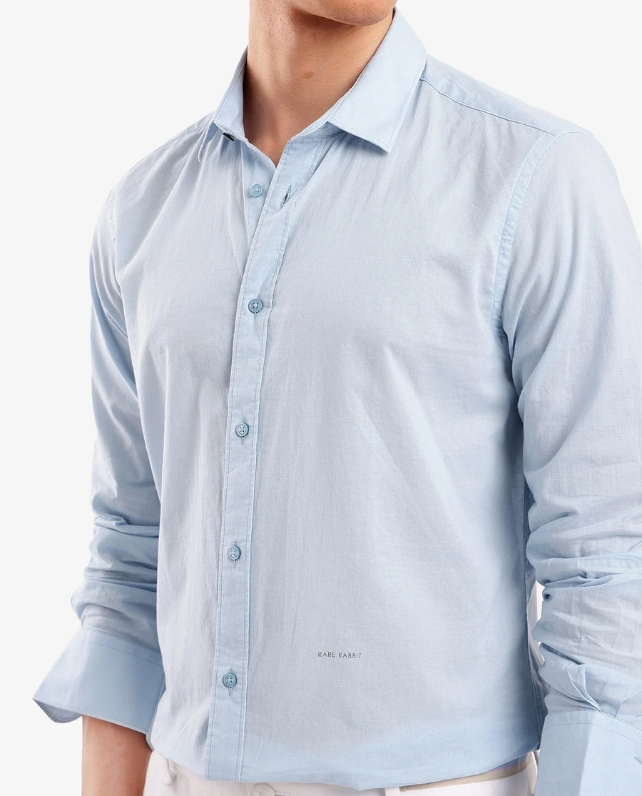 Rare Rabbit Men's Flees Light Blue Cotton Plain Regular Fit Full Sleeve Collared Shirt