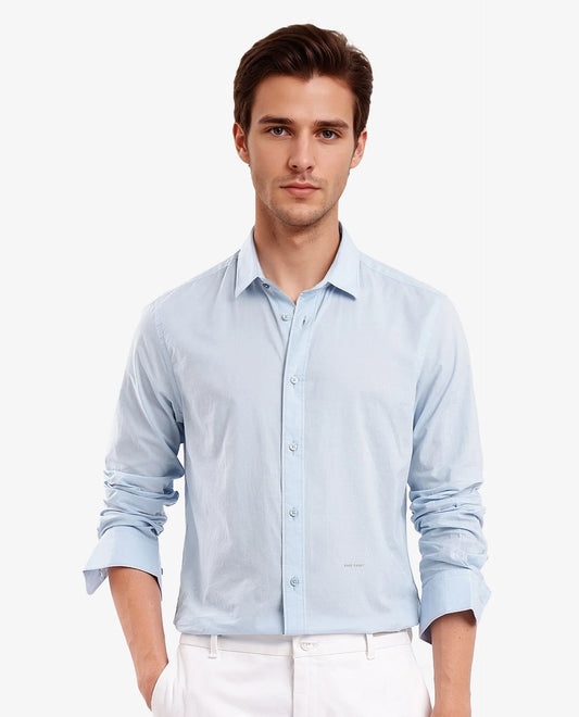 Rare Rabbit Men's Flees Light Blue Cotton Plain Regular Fit Full Sleeve Collared Shirt