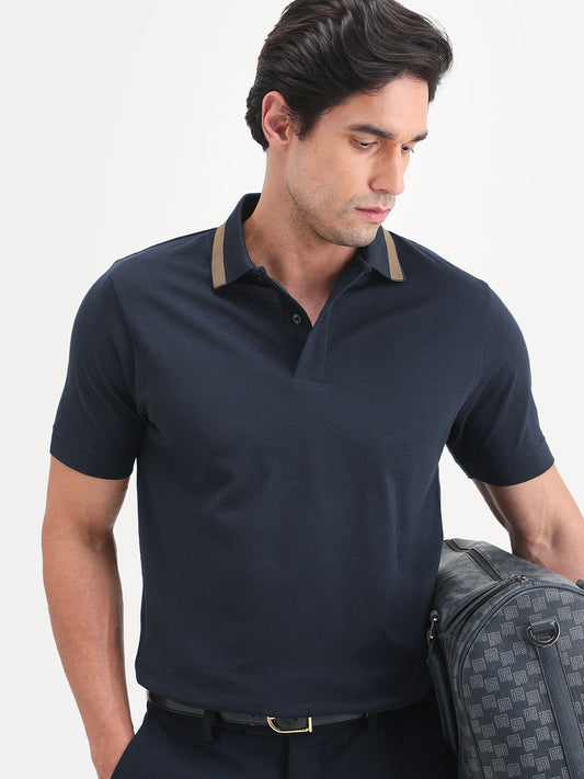 Rare Rabbit Men's Flint Dark Navy Cotton Fabric Half Sleeve Spread Collar Regular Fit Plain Polo