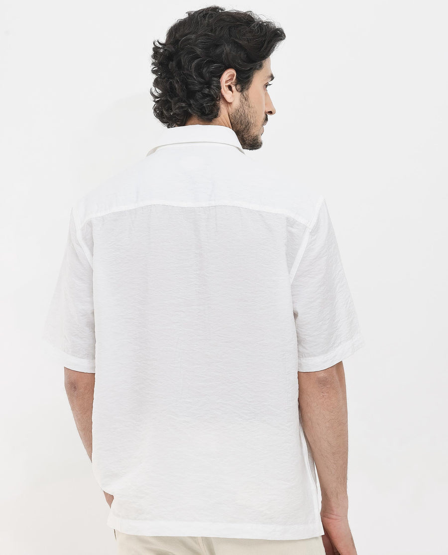 Rare Rabbit Men's Flo White Viscose Textured Boxy Fit Half Sleeve Collared Shirt