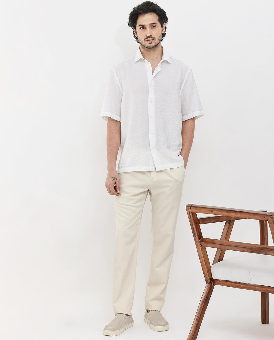 Rare Rabbit Men's Flo White Viscose Textured Boxy Fit Half Sleeve Collared Shirt