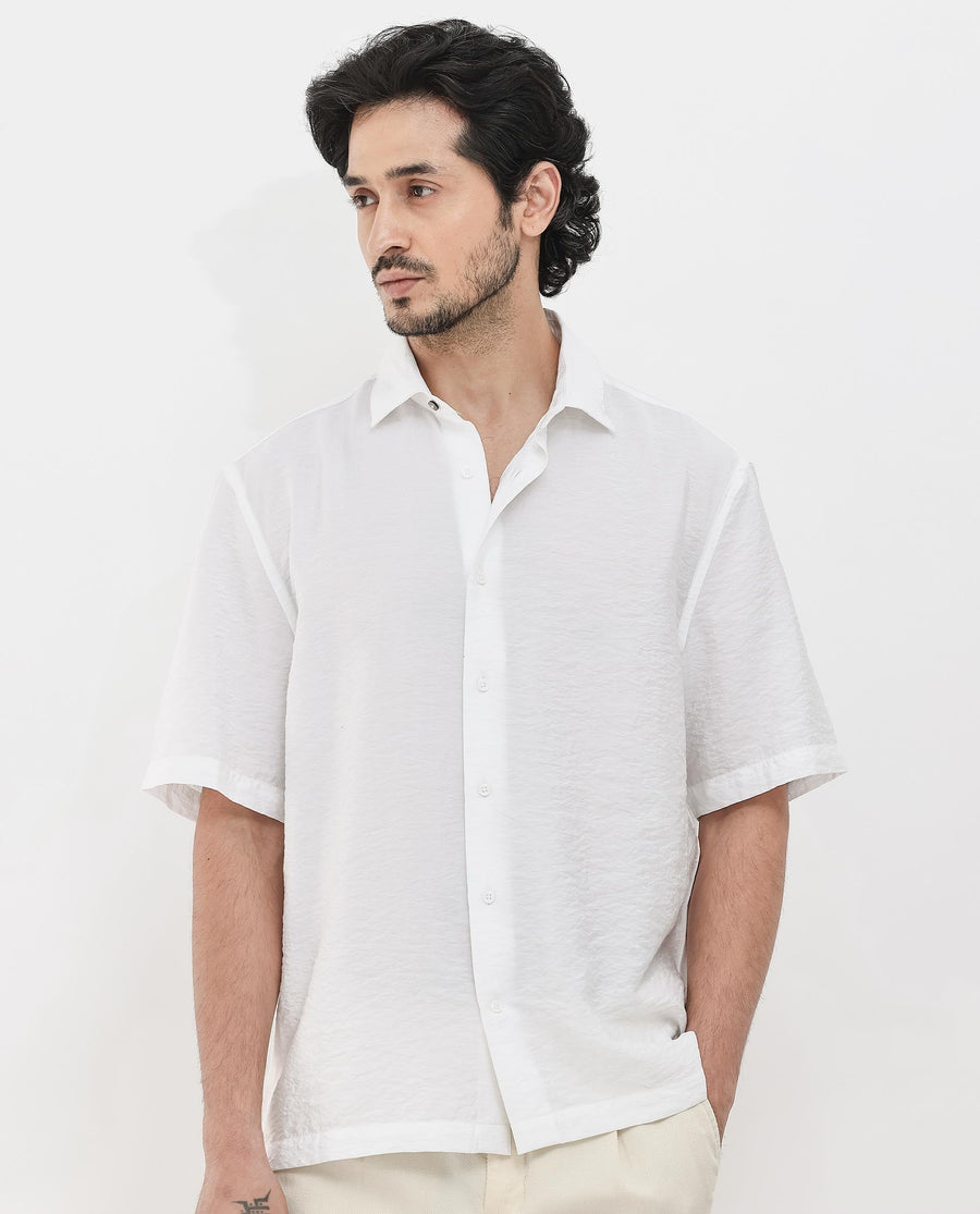 Rare Rabbit Men's Flo White Viscose Textured Boxy Fit Half Sleeve Collared Shirt