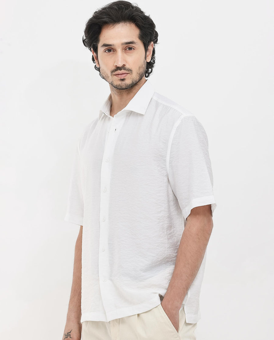 Rare Rabbit Men's Flo White Viscose Textured Boxy Fit Half Sleeve Collared Shirt