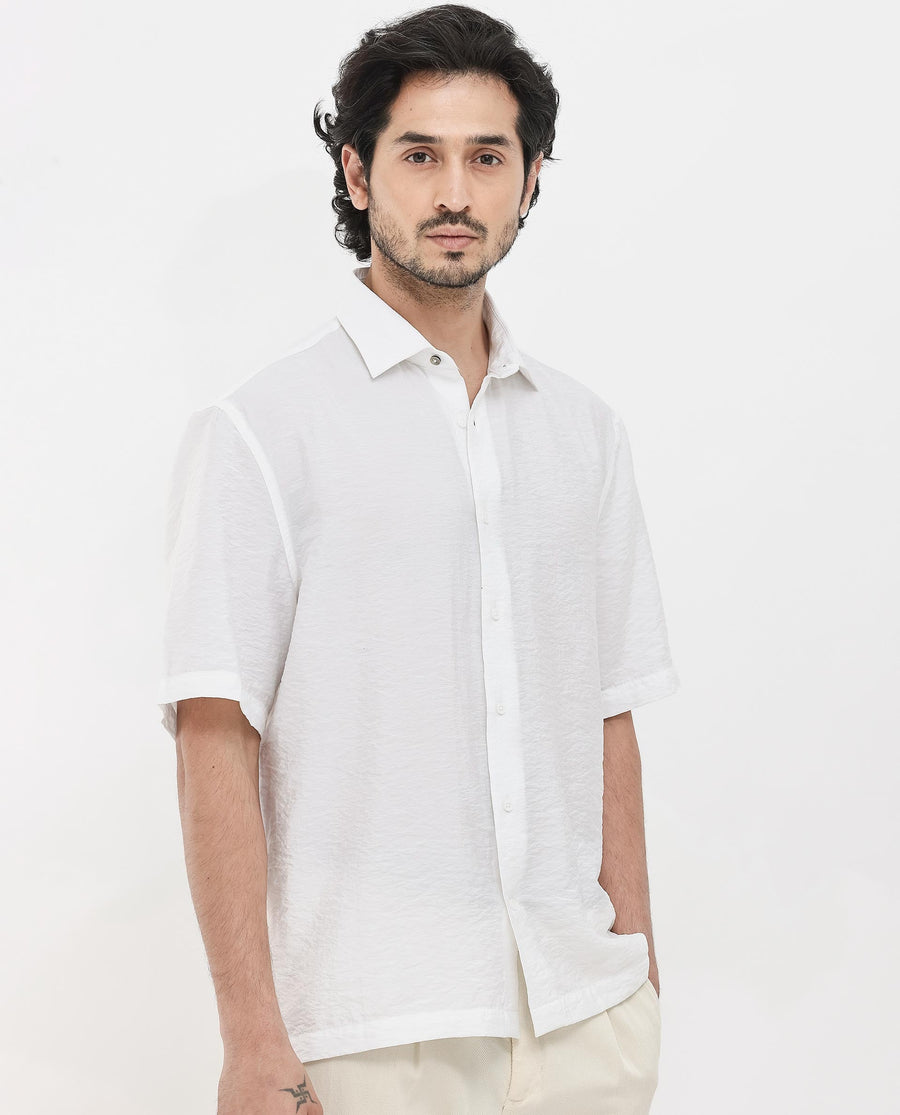 Rare Rabbit Men's Flo White Viscose Textured Boxy Fit Half Sleeve Collared Shirt