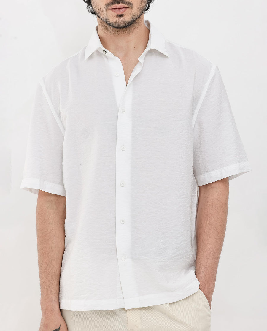 Rare Rabbit Men's Flo White Viscose Textured Boxy Fit Half Sleeve Collared Shirt