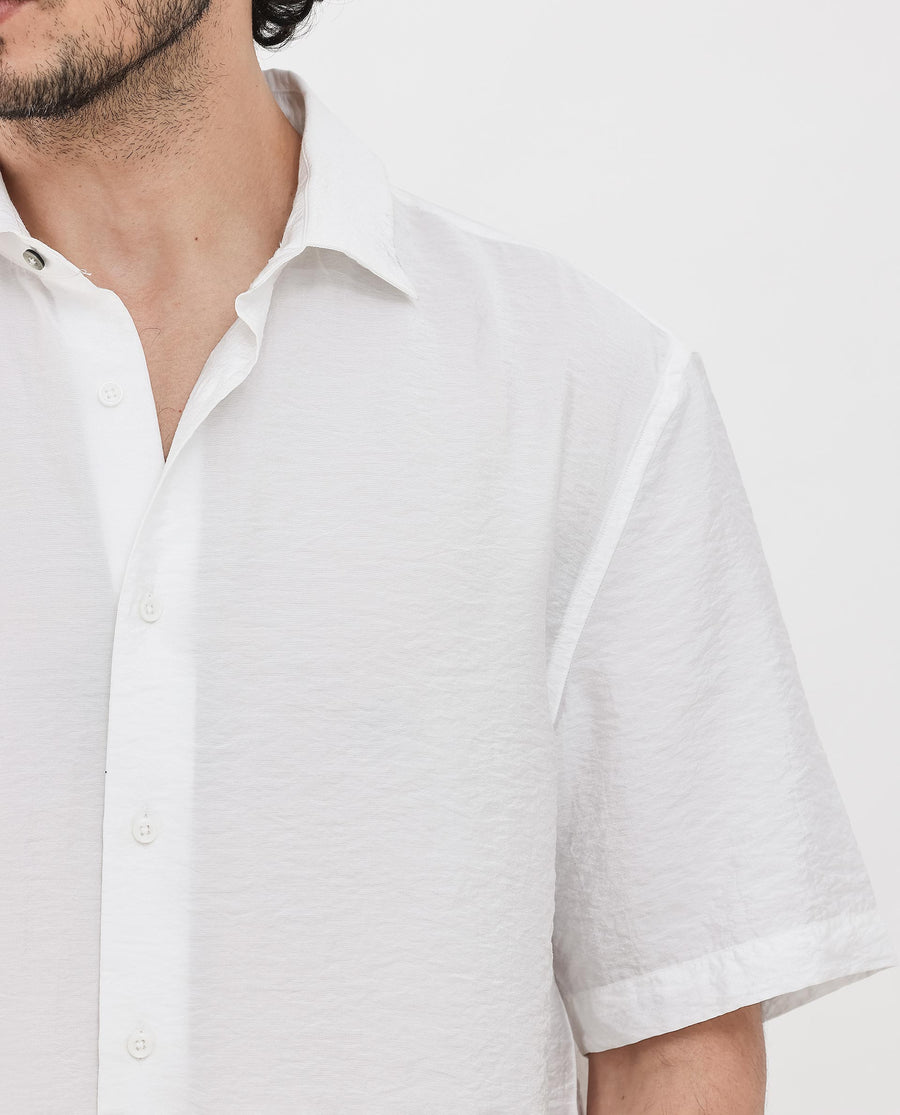 Rare Rabbit Men's Flo White Viscose Textured Boxy Fit Half Sleeve Collared Shirt