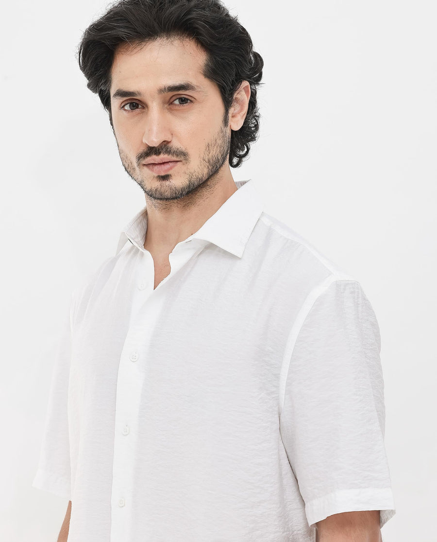 Rare Rabbit Men's Flo White Viscose Textured Boxy Fit Half Sleeve Collared Shirt