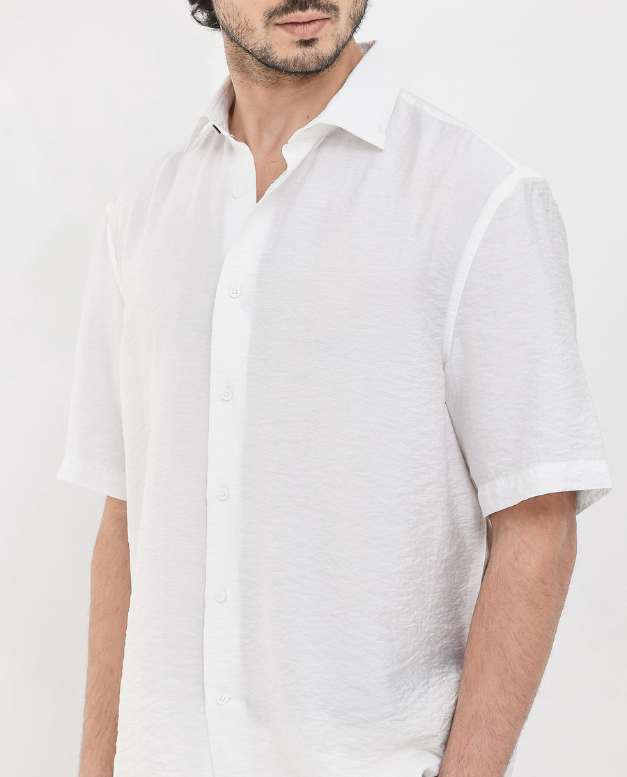 Rare Rabbit Men's Flo White Viscose Textured Boxy Fit Half Sleeve Collared Shirt