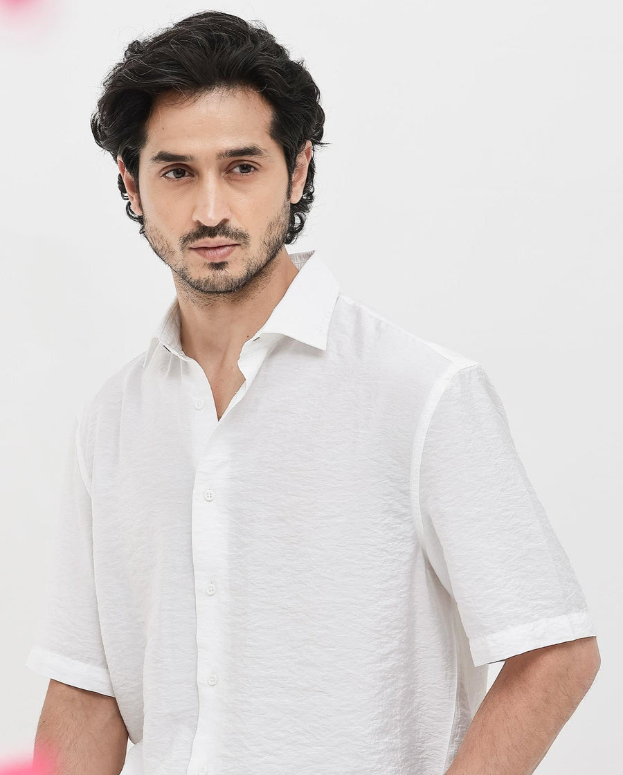 Rare Rabbit Men's Flo White Viscose Textured Boxy Fit Half Sleeve Collared Shirt