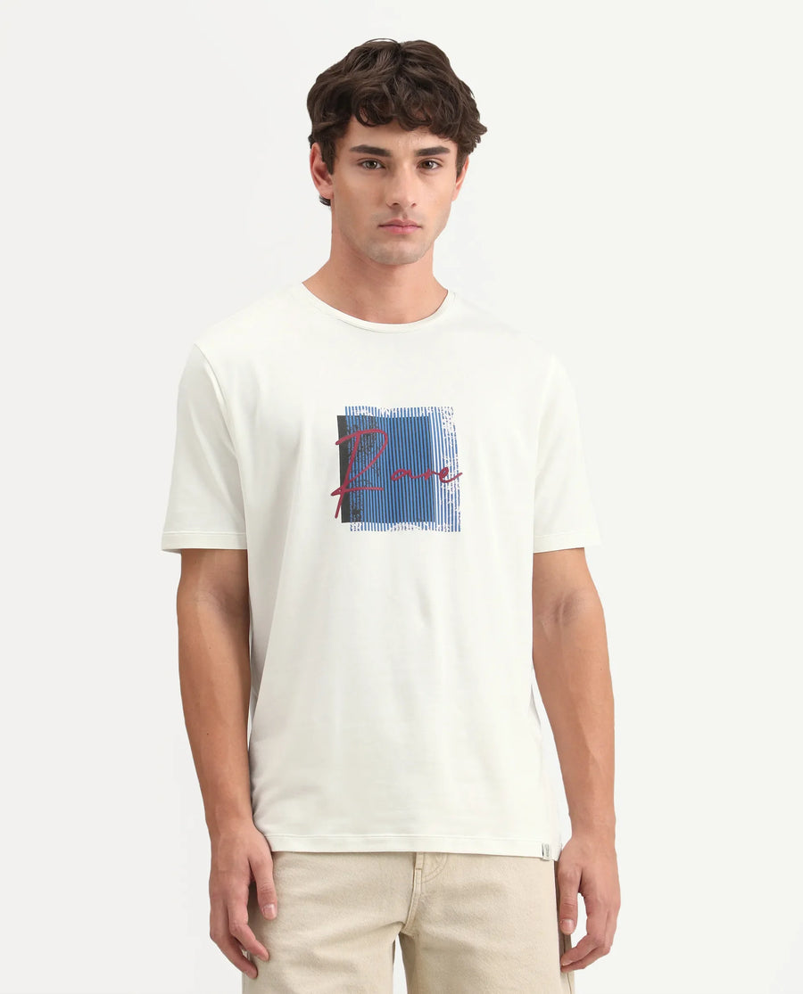 Rare Rabbit Men's Florem Off White Cotton Blend Regular Fit Half Sleeves Graphic PrintT-Shirt