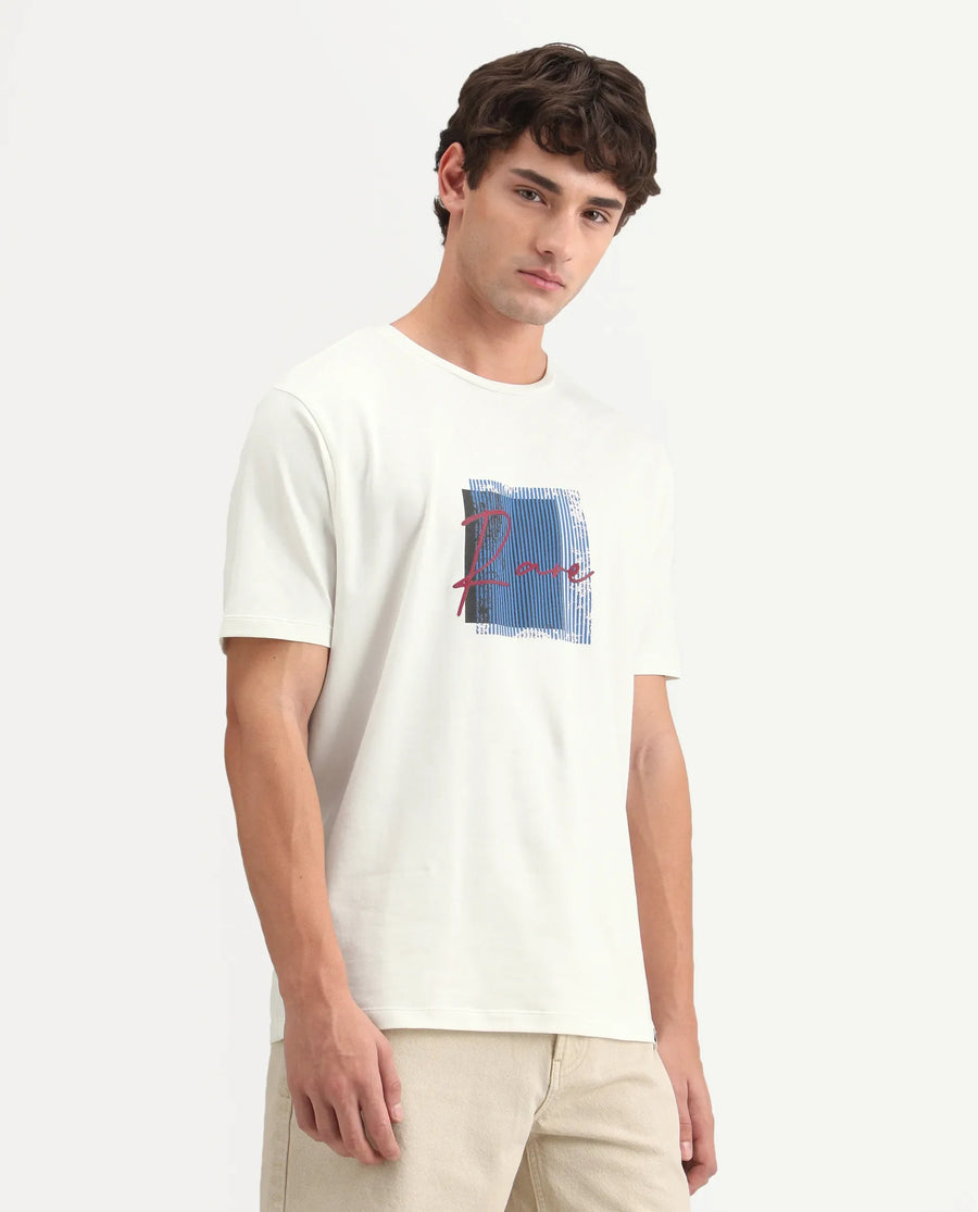 Rare Rabbit Men's Florem Off White Cotton Blend Regular Fit Half Sleeves Graphic PrintT-Shirt