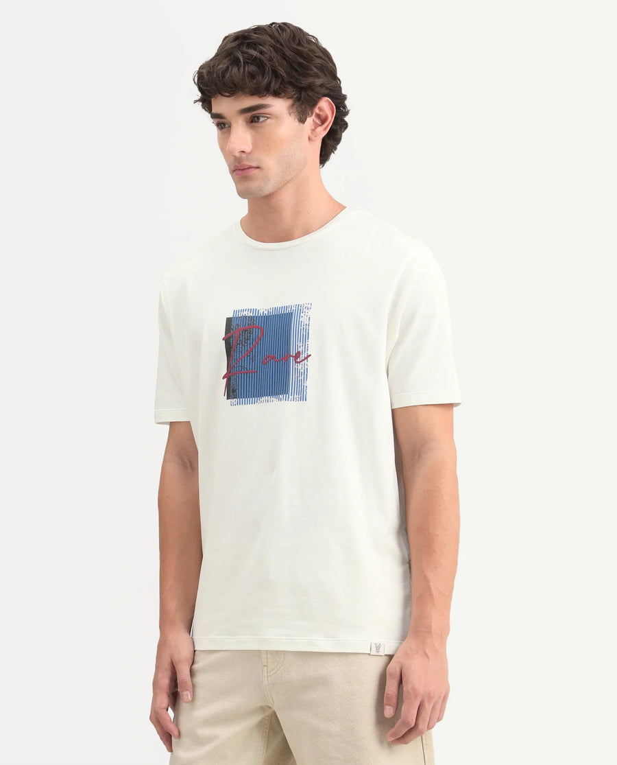 Rare Rabbit Men's Florem Off White Cotton Blend Regular Fit Half Sleeves Graphic PrintT-Shirt