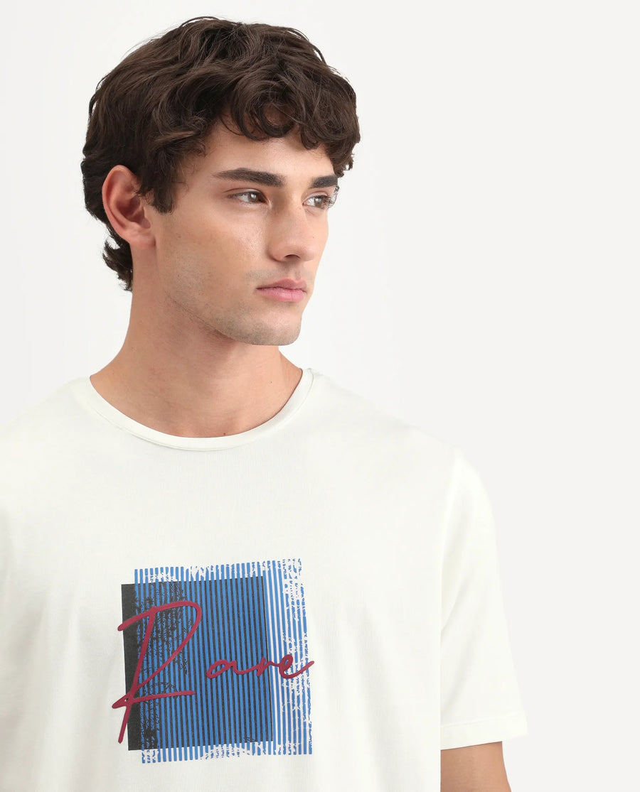 Rare Rabbit Men's Florem Off White Cotton Blend Regular Fit Half Sleeves Graphic PrintT-Shirt