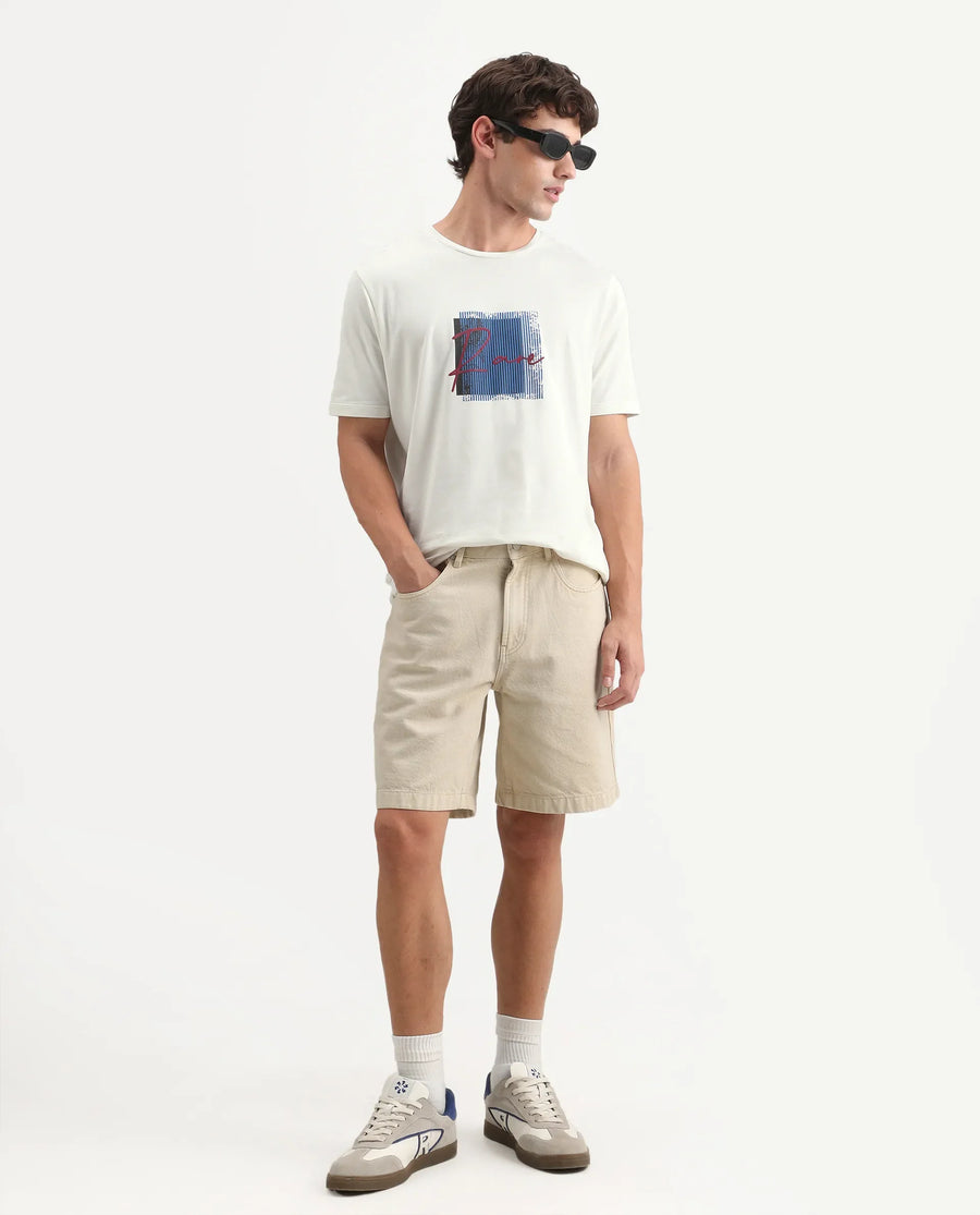 Rare Rabbit Men's Florem Off White Cotton Blend Regular Fit Half Sleeves Graphic PrintT-Shirt
