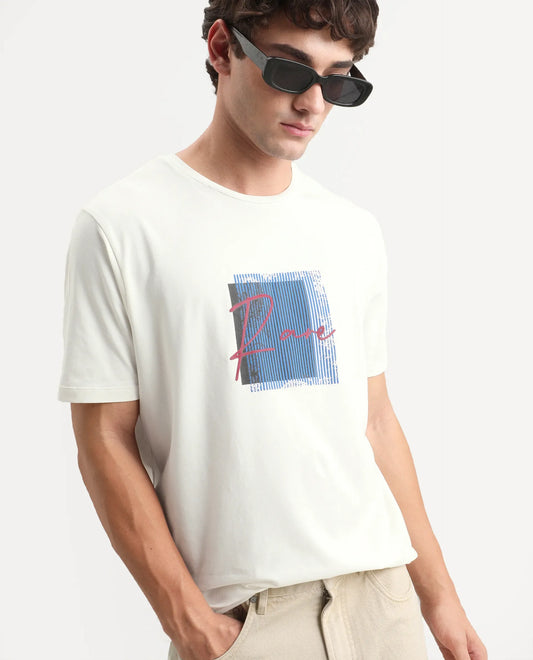 Rare Rabbit Men's Florem Off White Cotton Blend Regular Fit Half Sleeves Graphic PrintT-Shirt