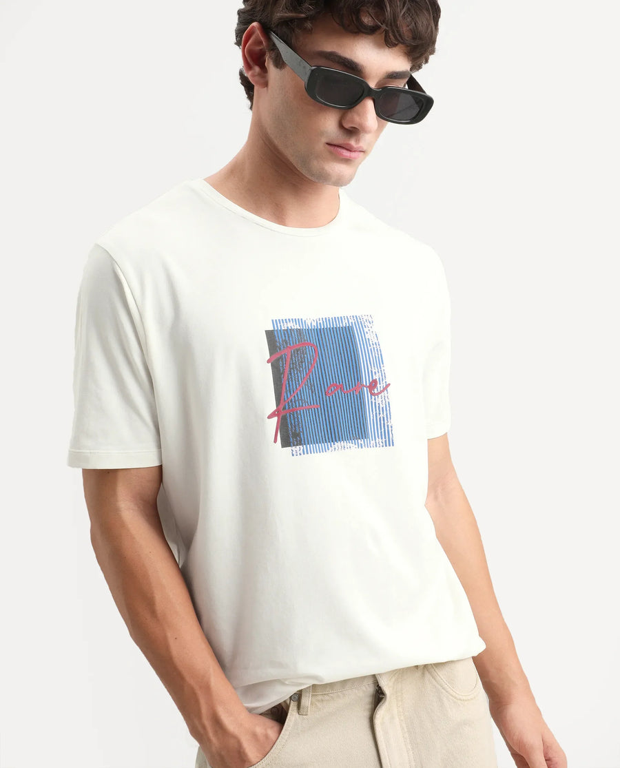 Rare Rabbit Men's Florem Off White Cotton Blend Regular Fit Half Sleeves Graphic PrintT-Shirt