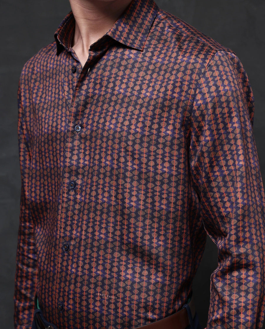 Rare Rabbit Men's Cotton Geometric Print Regular Fit Full Sleeve Collared Shirt