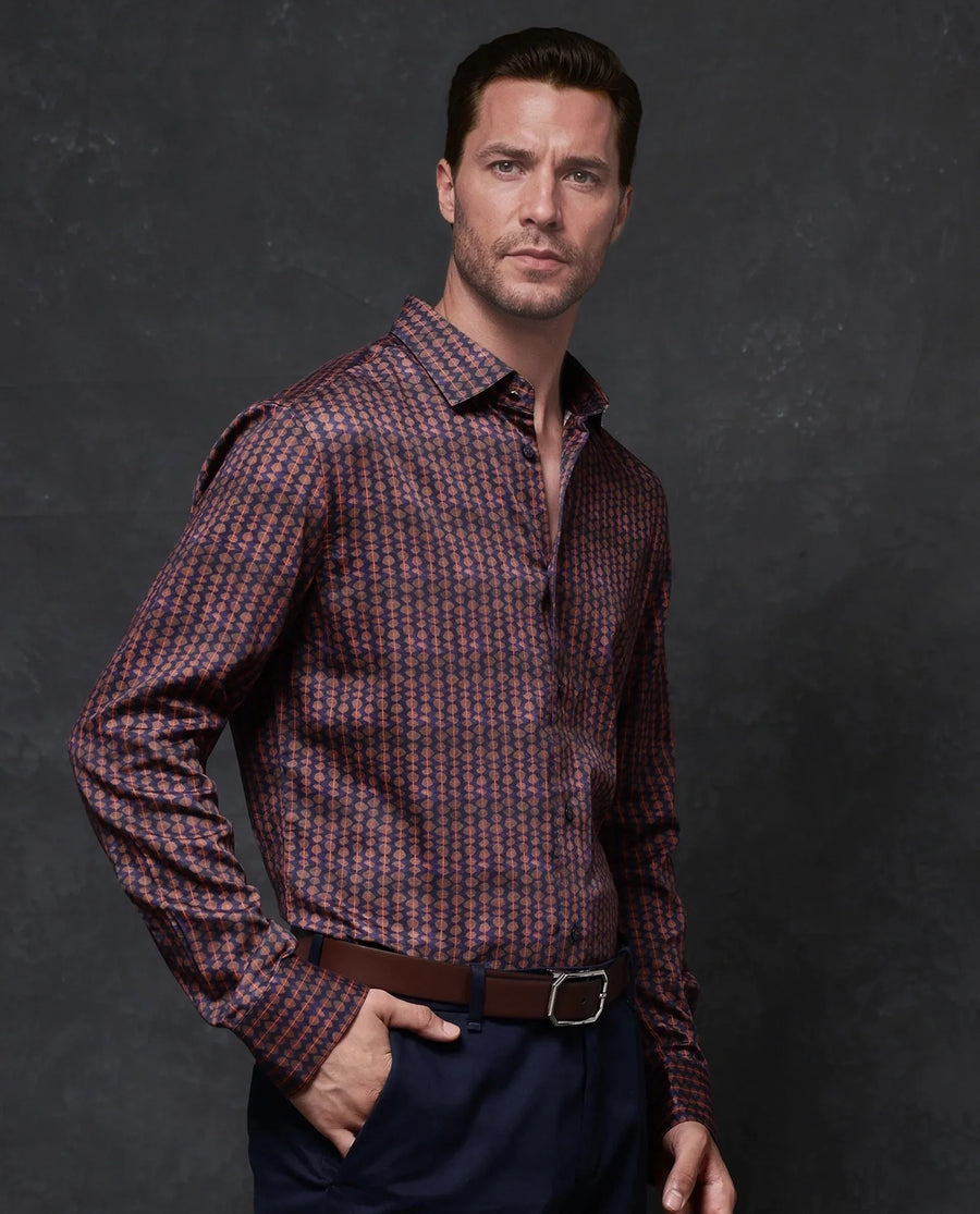 Rare Rabbit Men's Cotton Geometric Print Regular Fit Full Sleeve Collared Shirt