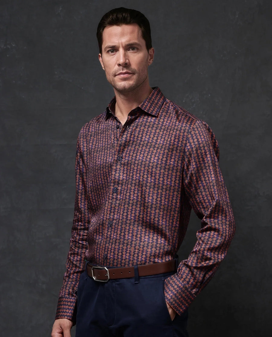 Rare Rabbit Men's Cotton Geometric Print Regular Fit Full Sleeve Collared Shirt