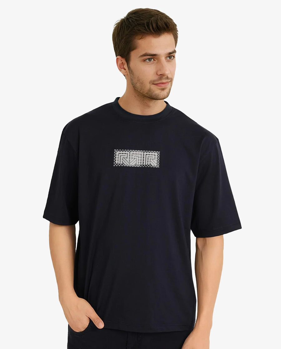 Rare Rabbit Men's Fobo Navy Cotton Blend Monogram Print Regular Fit Half Sleeve Crew Neck T-Shirt
