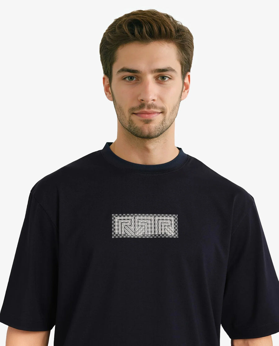 Rare Rabbit Men's Fobo Navy Cotton Blend Monogram Print Regular Fit Half Sleeve Crew Neck T-Shirt