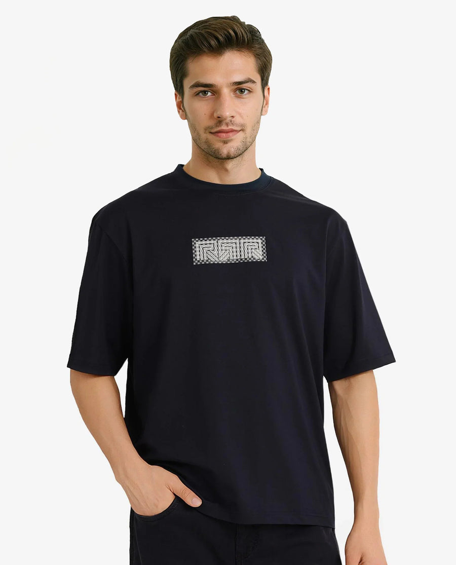 Rare Rabbit Men's Fobo Navy Cotton Blend Monogram Print Regular Fit Half Sleeve Crew Neck T-Shirt