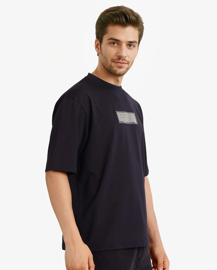 Rare Rabbit Men's Fobo Navy Cotton Blend Monogram Print Regular Fit Half Sleeve Crew Neck T-Shirt