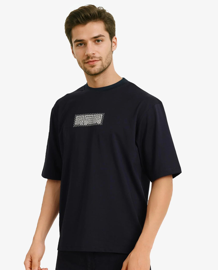 Rare Rabbit Men's Fobo Navy Cotton Blend Monogram Print Regular Fit Half Sleeve Crew Neck T-Shirt