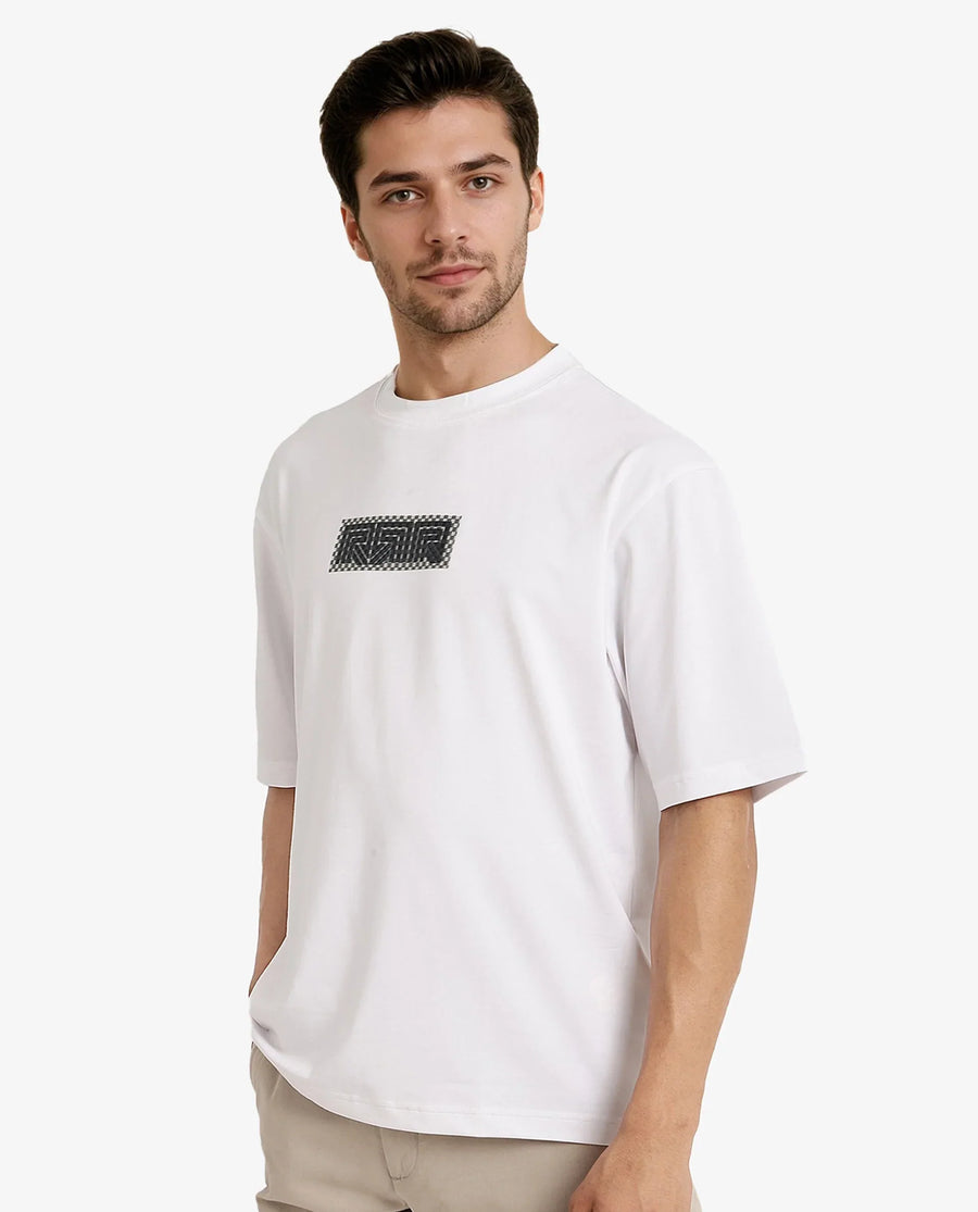 Rare Rabbit Men's Fobo White Cotton Blend Monogram Print Regular Fit Half Sleeve Crew Neck T-Shirt