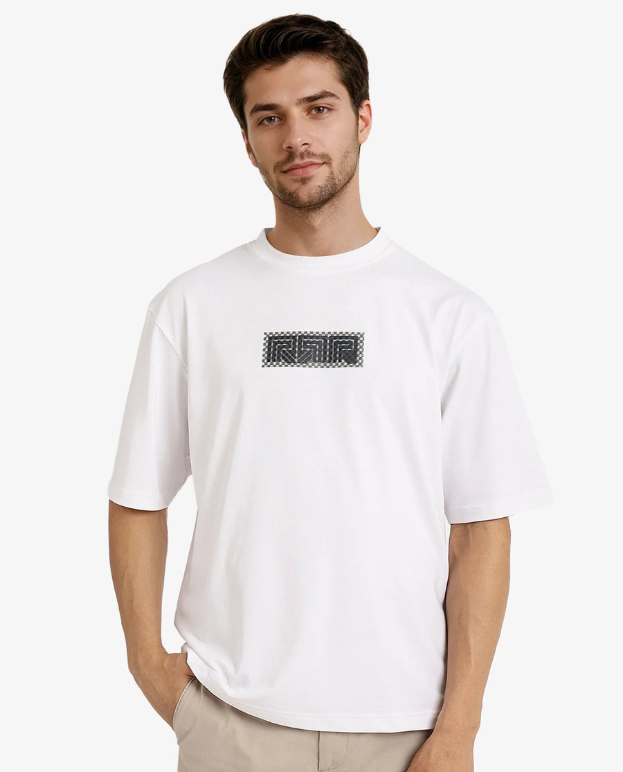 Rare Rabbit Men's Fobo White Cotton Blend Monogram Print Regular Fit Half Sleeve Crew Neck T-Shirt