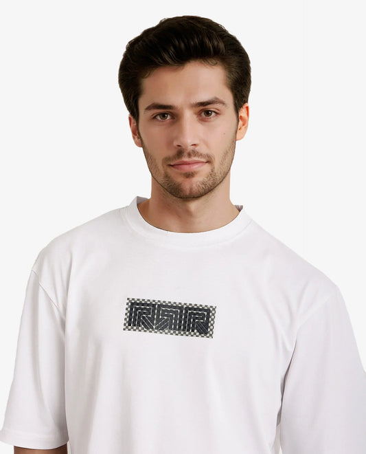 Rare Rabbit Men's Fobo White Cotton Blend Monogram Print Regular Fit Half Sleeve Crew Neck T-Shirt