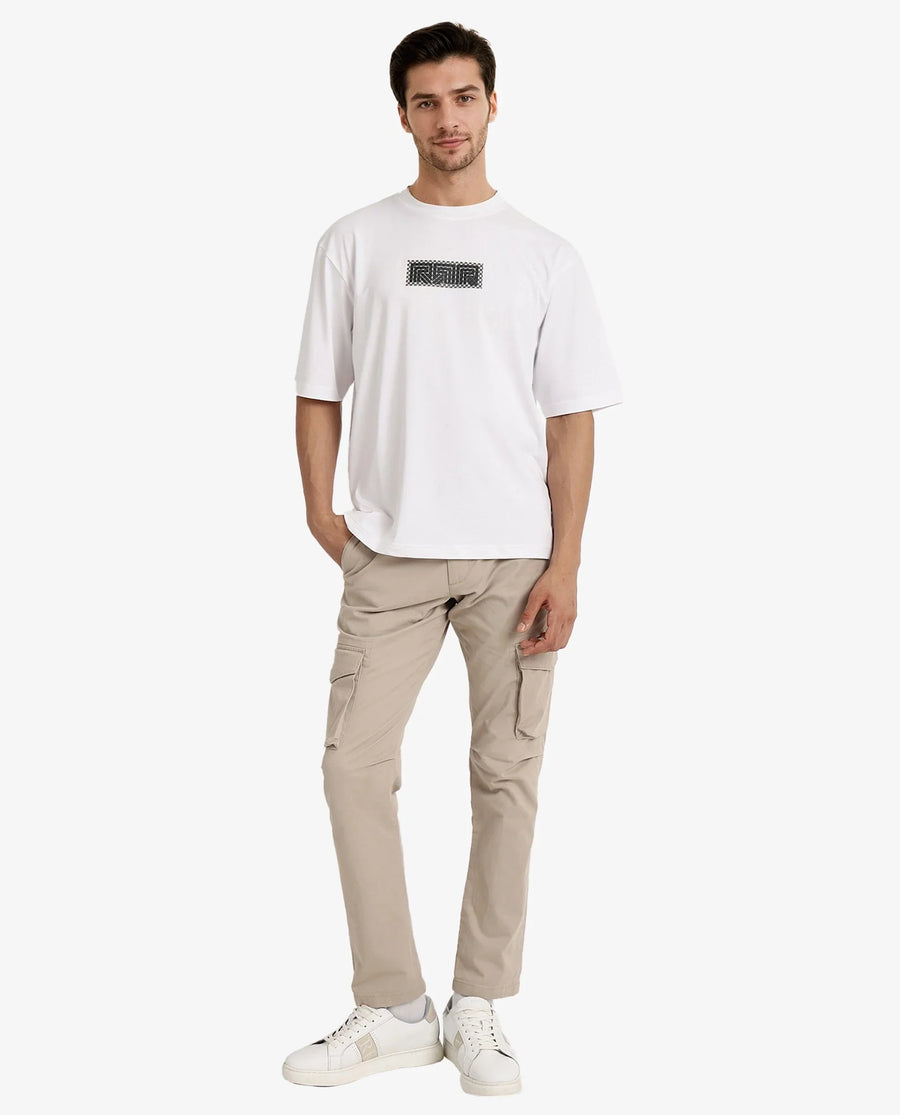 Rare Rabbit Men's Fobo White Cotton Blend Monogram Print Regular Fit Half Sleeve Crew Neck T-Shirt