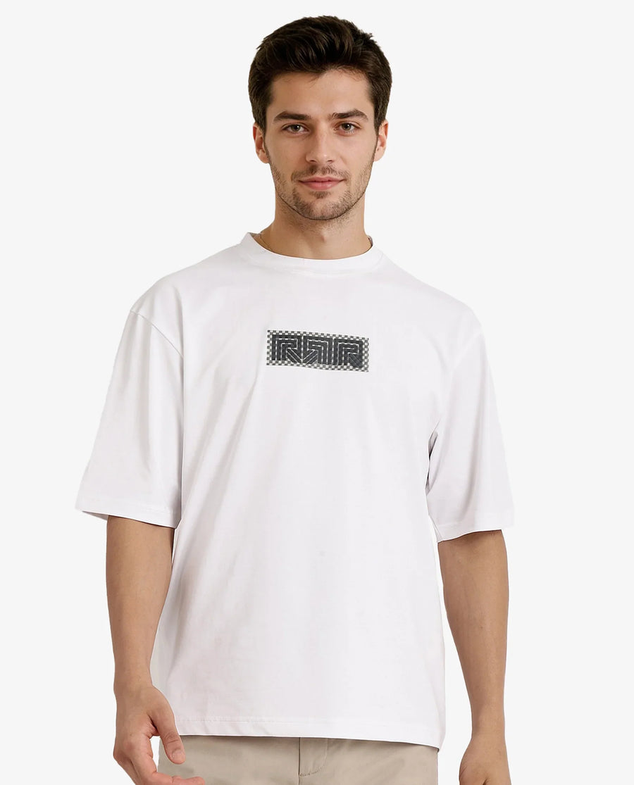 Rare Rabbit Men's Fobo White Cotton Blend Monogram Print Regular Fit Half Sleeve Crew Neck T-Shirt