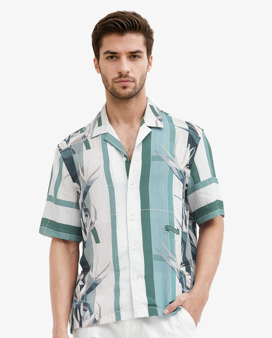 Rare Rabbit Men's Forsia Dusky Blue Viscose Floral Print Boxy Fit Half Sleeve Cuban Collar Shirt