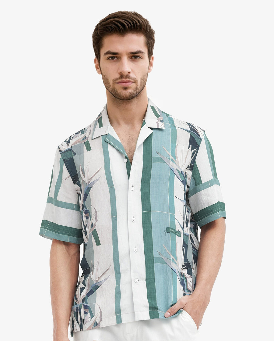 Rare Rabbit Men's Forsia Dusky Blue Viscose Floral Print Boxy Fit Half Sleeve Cuban Collar Shirt
