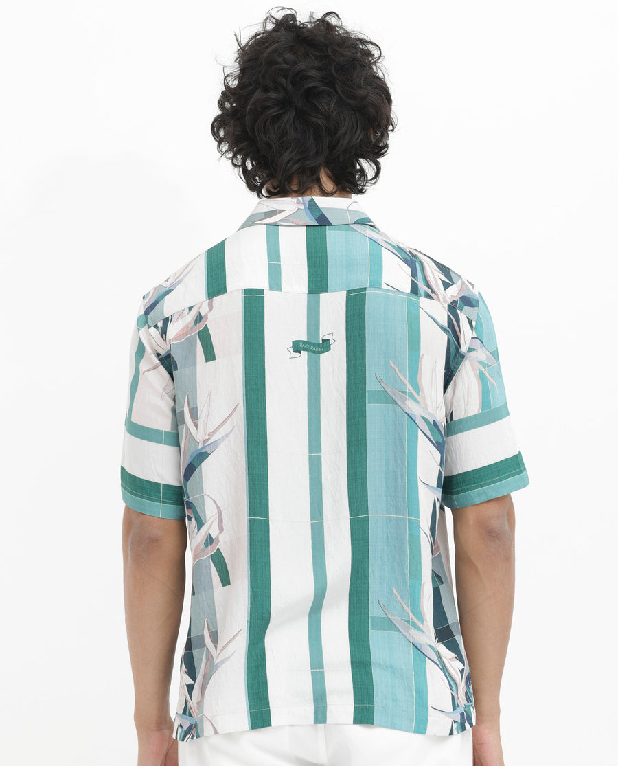 Rare Rabbit Men's Forsia Dusky Blue Viscose Floral Print Boxy Fit Half Sleeve Cuban Collar Shirt