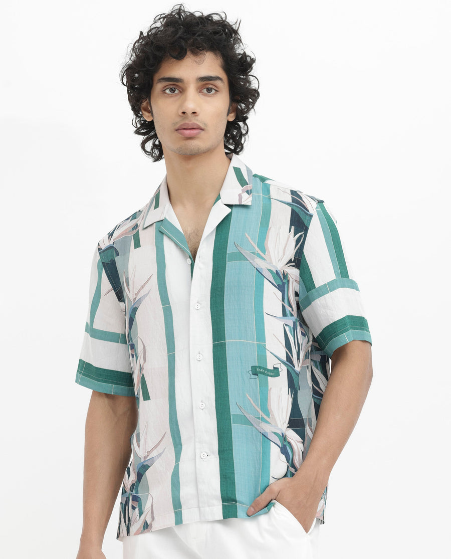 Rare Rabbit Men's Forsia Dusky Blue Viscose Floral Print Boxy Fit Half Sleeve Cuban Collar Shirt