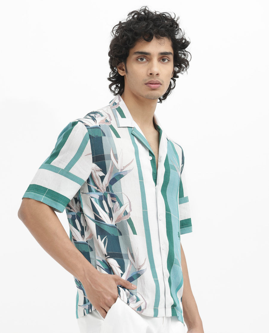 Rare Rabbit Men's Forsia Dusky Blue Viscose Floral Print Boxy Fit Half Sleeve Cuban Collar Shirt