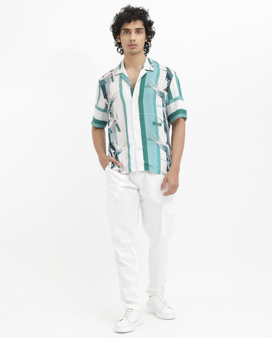 Rare Rabbit Men's Forsia Dusky Blue Viscose Floral Print Boxy Fit Half Sleeve Cuban Collar Shirt