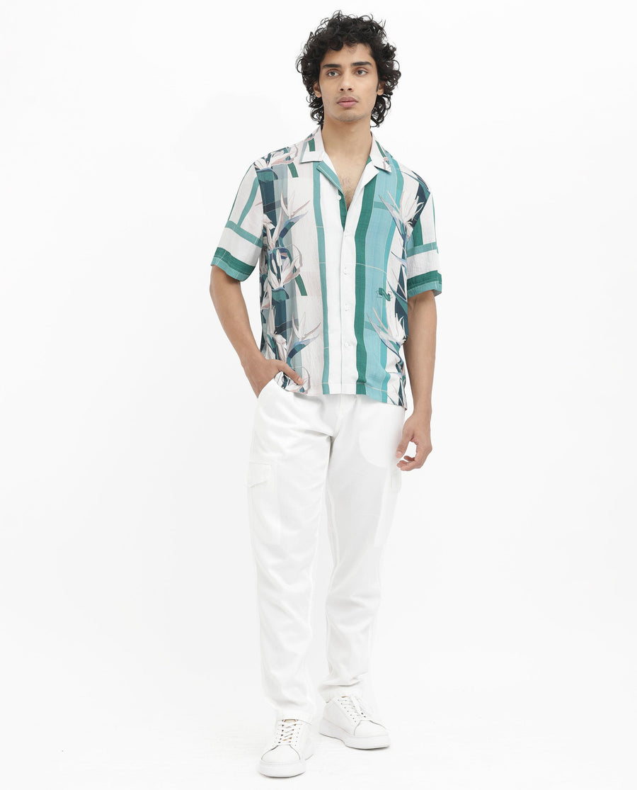 Rare Rabbit Men's Forsia Dusky Blue Viscose Floral Print Boxy Fit Half Sleeve Cuban Collar Shirt