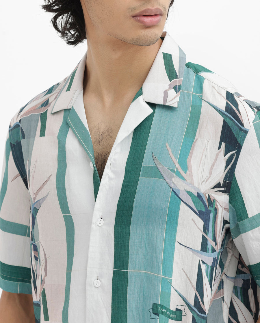 Rare Rabbit Men's Forsia Dusky Blue Viscose Floral Print Boxy Fit Half Sleeve Cuban Collar Shirt