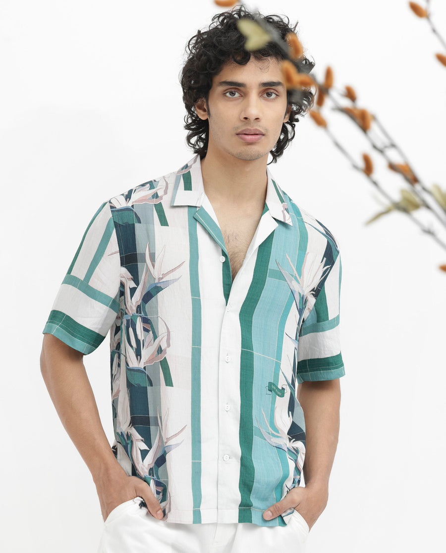 Rare Rabbit Men's Forsia Dusky Blue Viscose Floral Print Boxy Fit Half Sleeve Cuban Collar Shirt