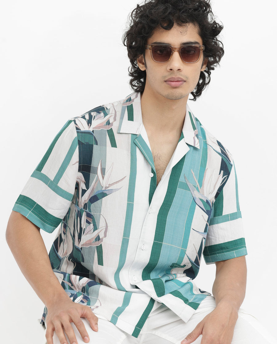 Rare Rabbit Men's Forsia Dusky Blue Viscose Floral Print Boxy Fit Half Sleeve Cuban Collar Shirt