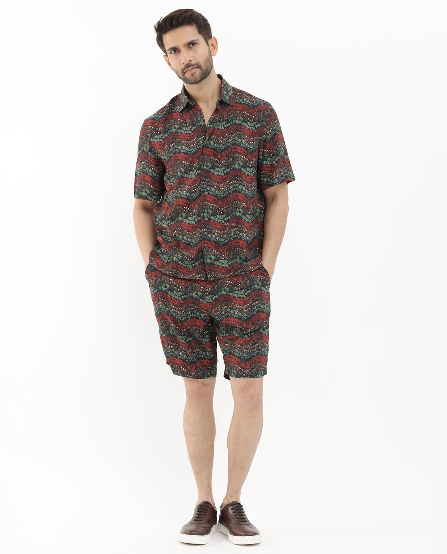 Rare Rabbit Men's Frakin Brown Viscose Abstract Print Relaxed Fit Shorts