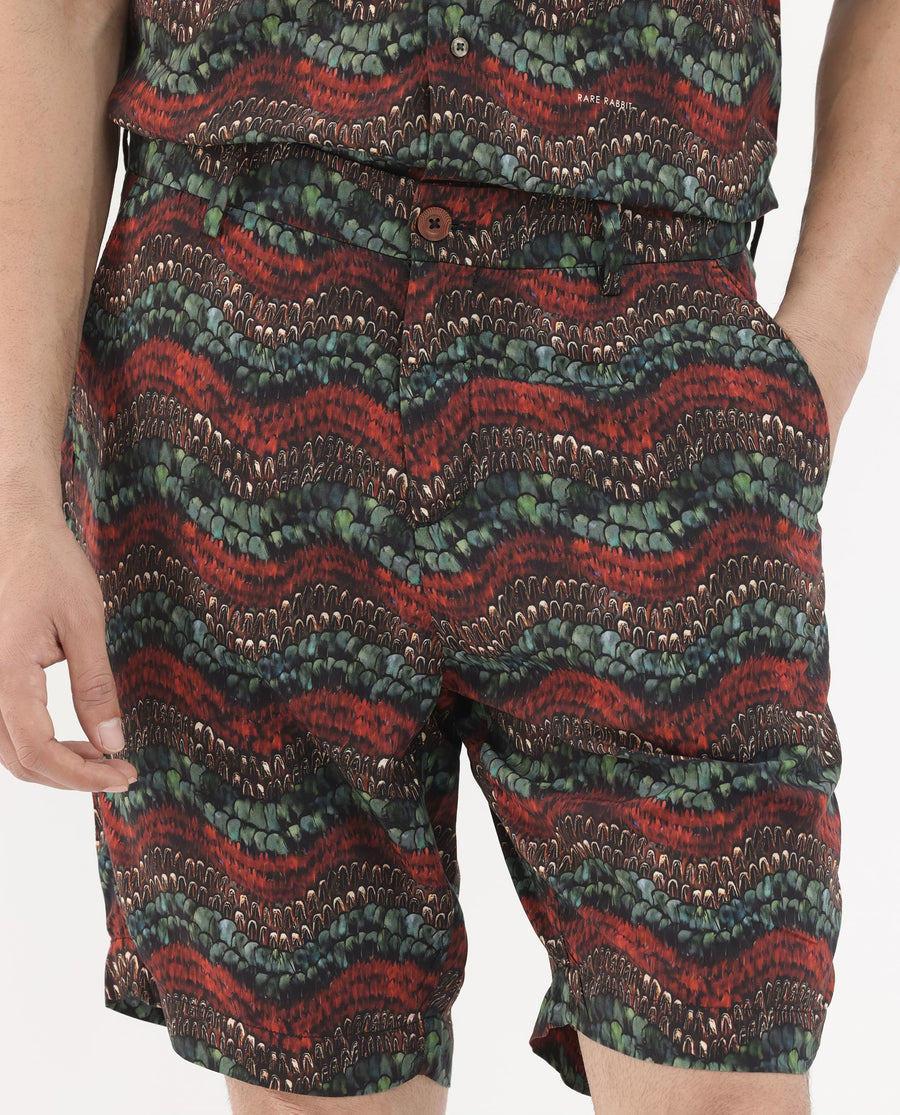 Rare Rabbit Men's Frakin Brown Viscose Abstract Print Relaxed Fit Shorts