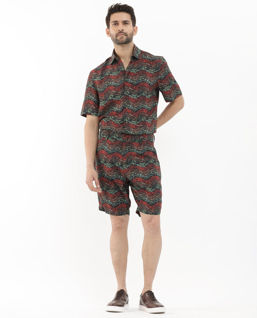 Rare Rabbit Men's Frakin Brown Viscose Abstract Print Relaxed Fit Shorts