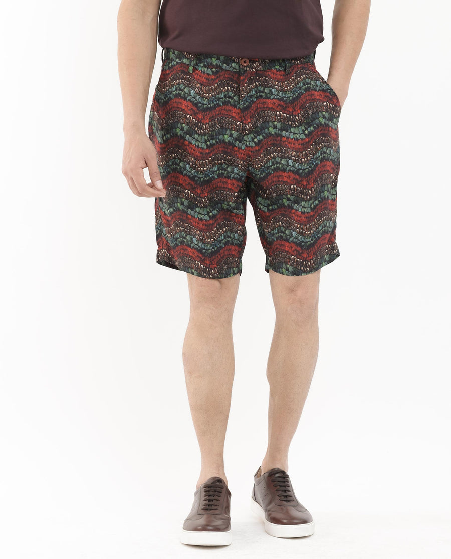 Rare Rabbit Men's Frakin Brown Viscose Abstract Print Relaxed Fit Shorts