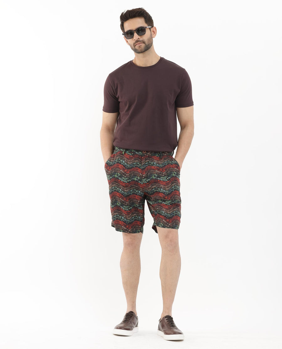Rare Rabbit Men's Frakin Brown Viscose Abstract Print Relaxed Fit Shorts