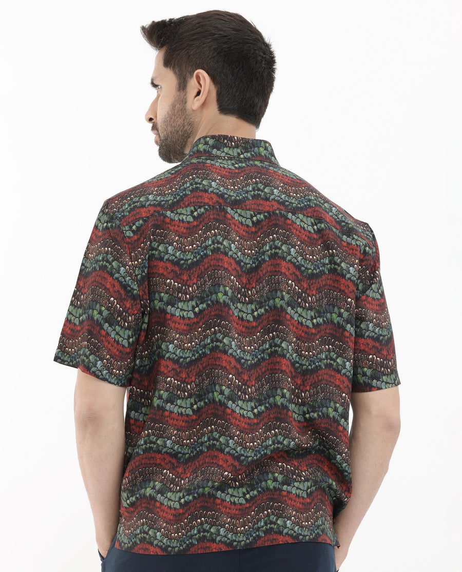 Rare Rabbit Men's Fraks Brown Viscose Tropical Print Boxy Fit Half Sleeve Spread Collar Shirt