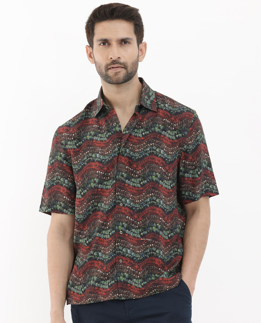 Rare Rabbit Men's Fraks Brown Viscose Tropical Print Boxy Fit Half Sleeve Spread Collar Shirt